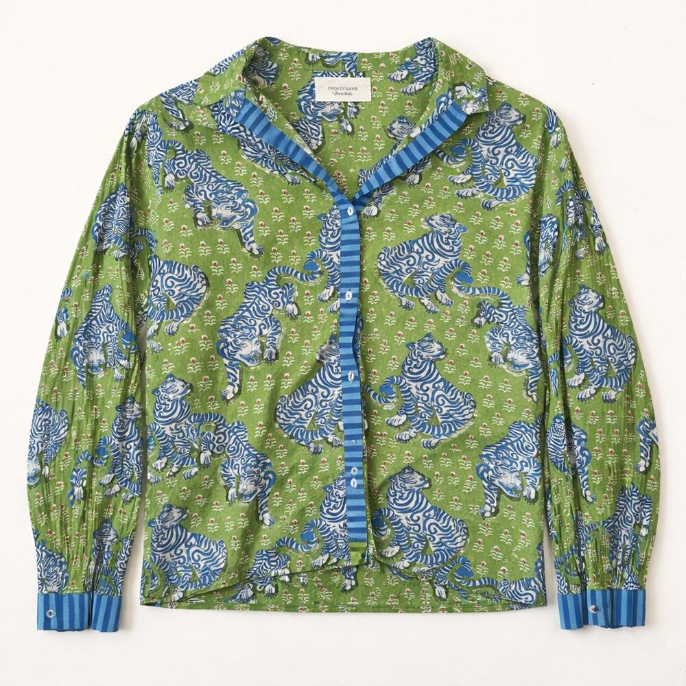 Print Fresh Lime Ricki Long Sleeve Shirt Maximalist Green Tigers Cat Cotton‎